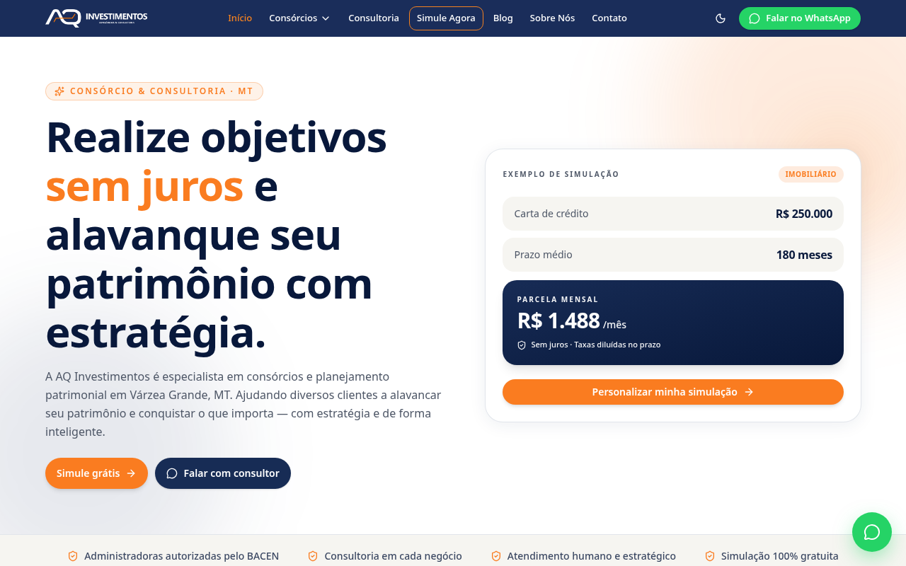 Primeira dobra do site AQ Investimentos desenvolvido pela Box Criativa