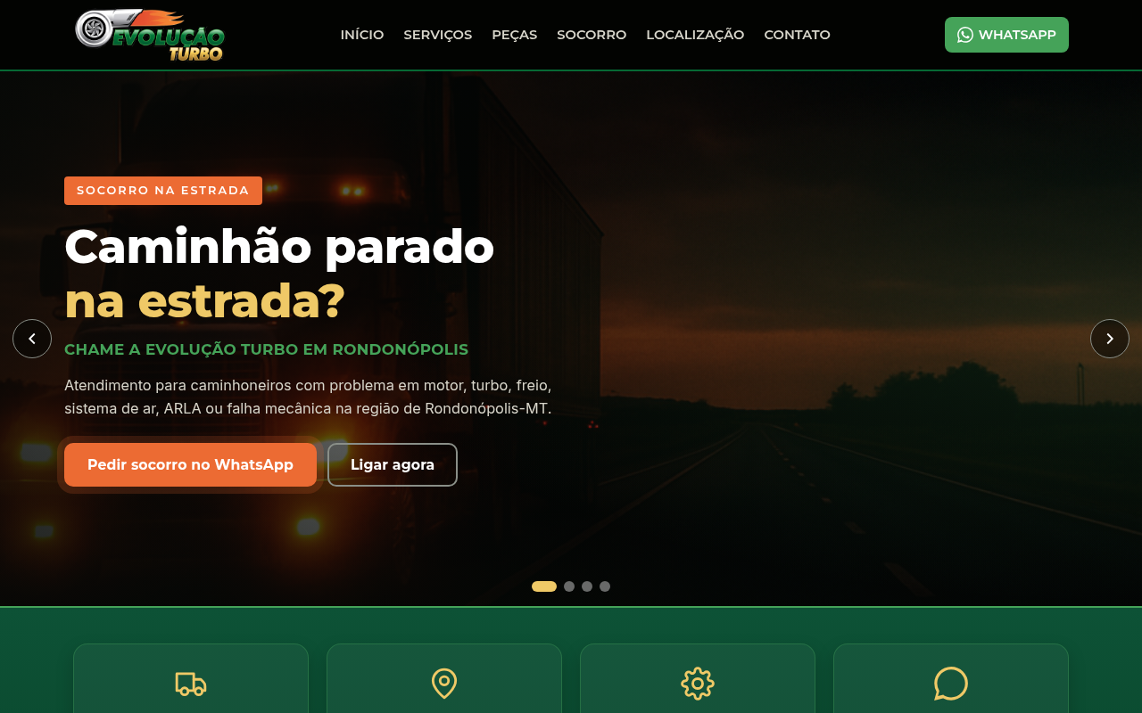 Primeira dobra do site Evolução Turbo desenvolvido pela Box Criativa